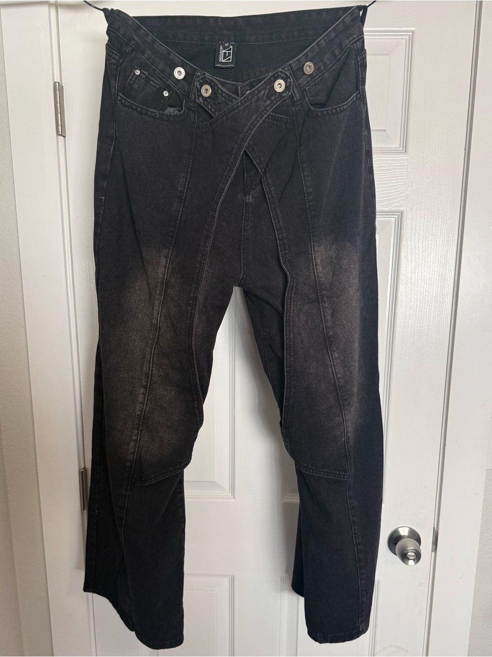 Nevstudio Black Washed Flare Jeans with Overlap Waist Detail